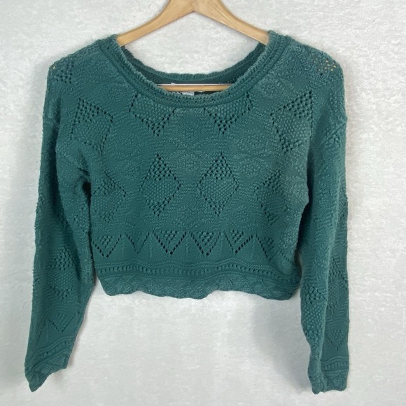 Vtg 80s Dark Green Liise Knit Cropped Sweater Sz Large 100% Cotton Made In U.S.A - Picture 1 of 9